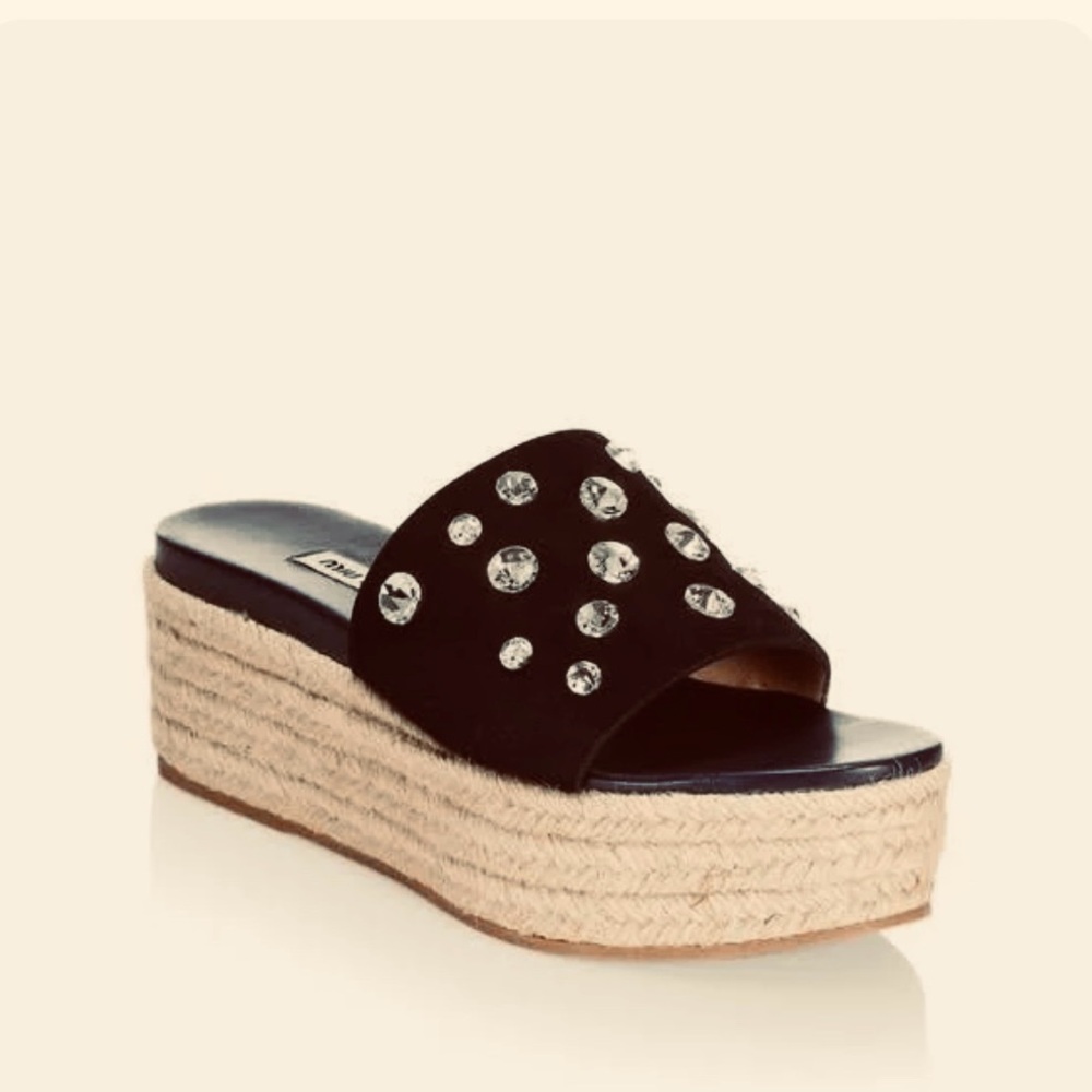 Miu Miu Crystal Studded Espadrilles Jute Platform Sliders Sandal Size 39 Black